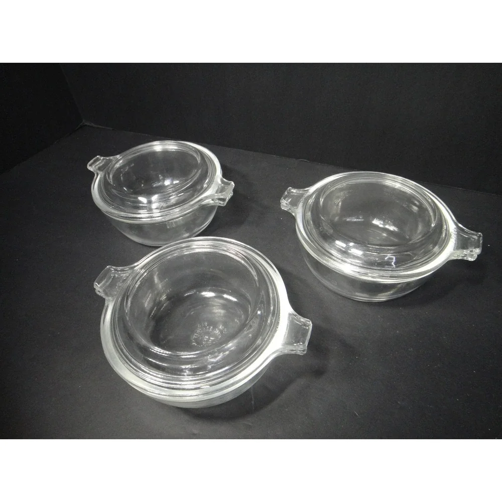 Vintage Pyrex #018 Originals Clear Glass 10 oz Casserole Dishes w/ Lids Set of 3